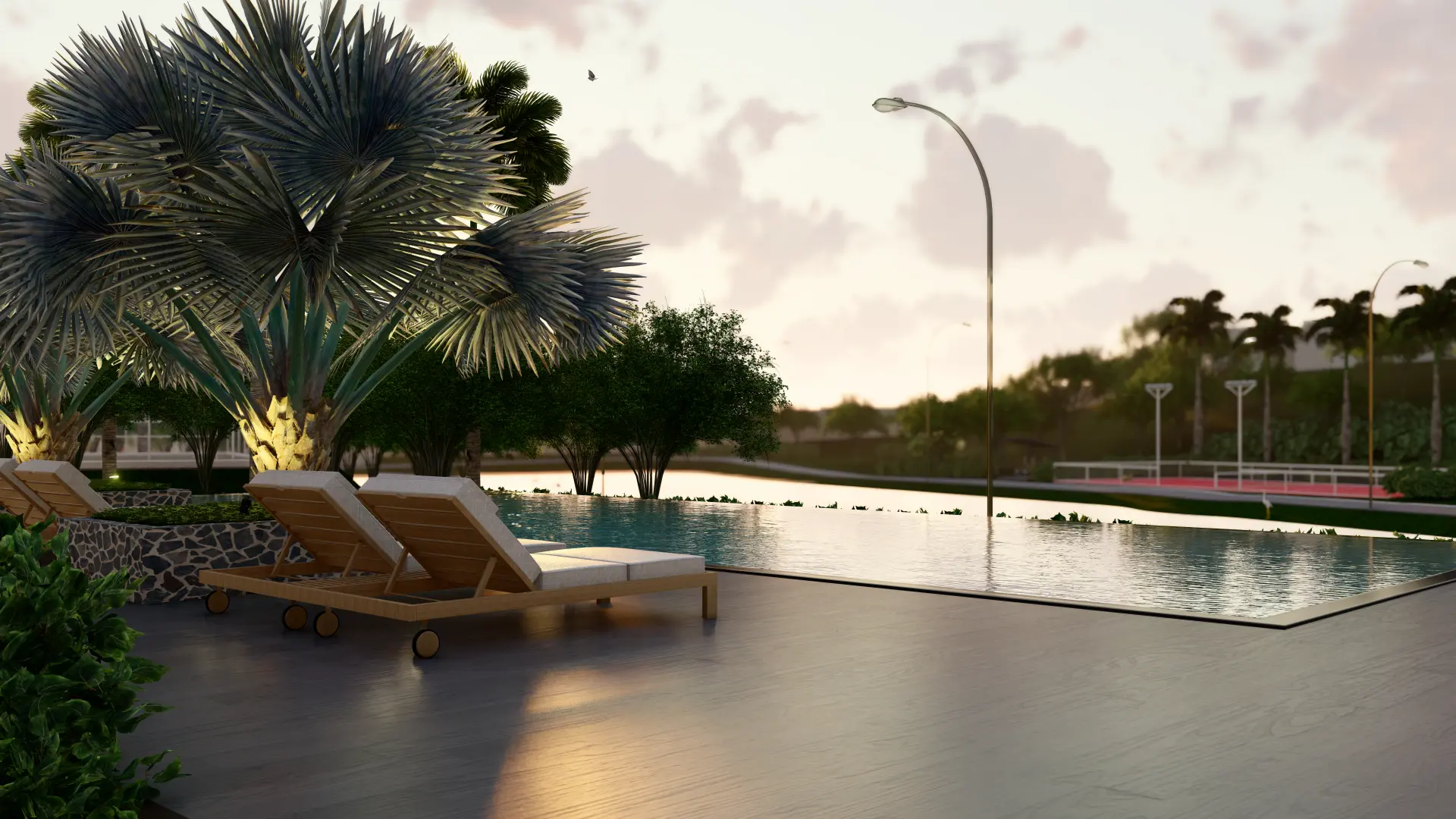 Piscina com borda infinita ao pôr do sol