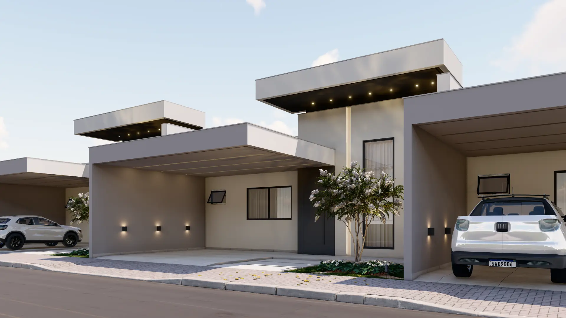 Fachada das casas com garagem para dois carros